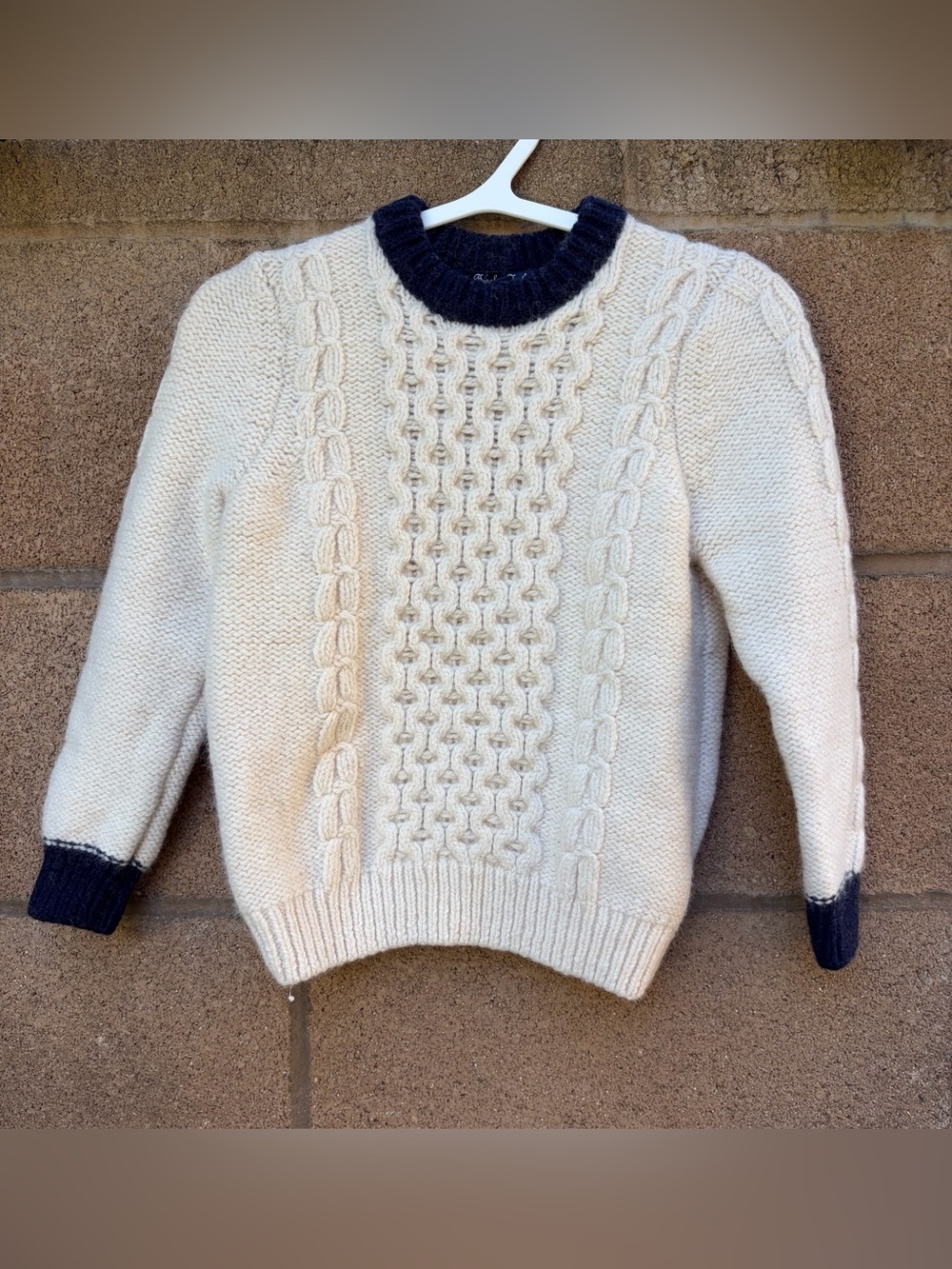 Brooks Brothers Kid’s Cream Cable-Knit Sweater with Navy Trim